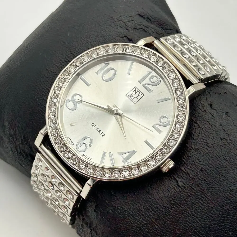 NY&C Silver Tone Crystal Bezel Accents St. Steel Quartz Watch New Battery